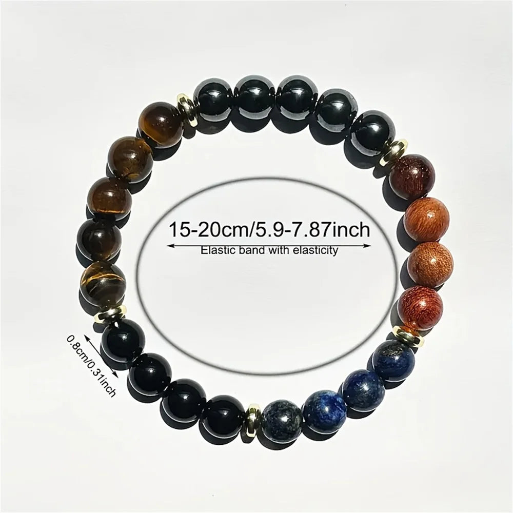 Pulsera de ojo de tigre, lapislázuli y madera