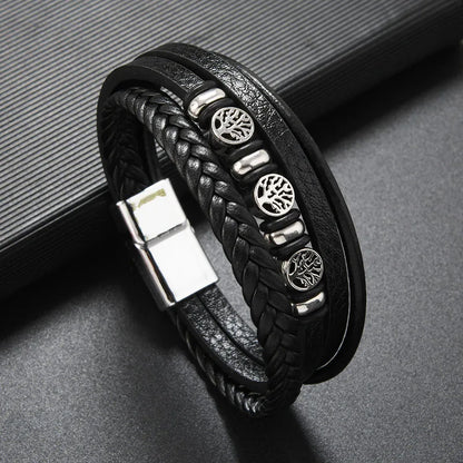 Clássico artesanal pulseiras de couro para homens sorte vida árvore charme em camadas manguito pulseira masculina mão jóias acessórios