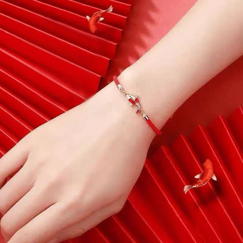 Pulseira da Sorte de Corda Trançada com Pingente Koi, Fio Vermelho, Presente de Dia dos Namorados, Presente para Casal