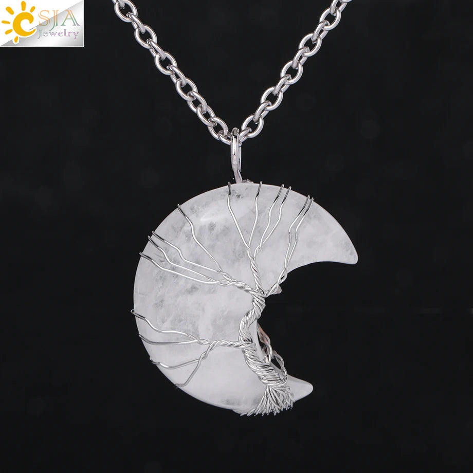 CSJA-Cristal Quartzo Rosa Natural Colar de Pingentes Mulher, Forma de Lua, Árvore da Vida, Pedra Natural, Pingentes Reiki, Jóias, G990