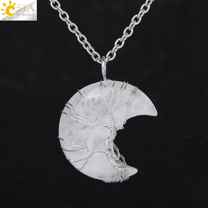 CSJA-Cristal Quartzo Rosa Natural Colar de Pingentes Mulher, Forma de Lua, Árvore da Vida, Pedra Natural, Pingentes Reiki, Jóias, G990