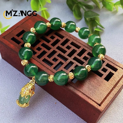 Pulseira pixiu de jade verde natural, ágata de nível a, moda masculina e feminina, joias requintadas, amuletos da sorte