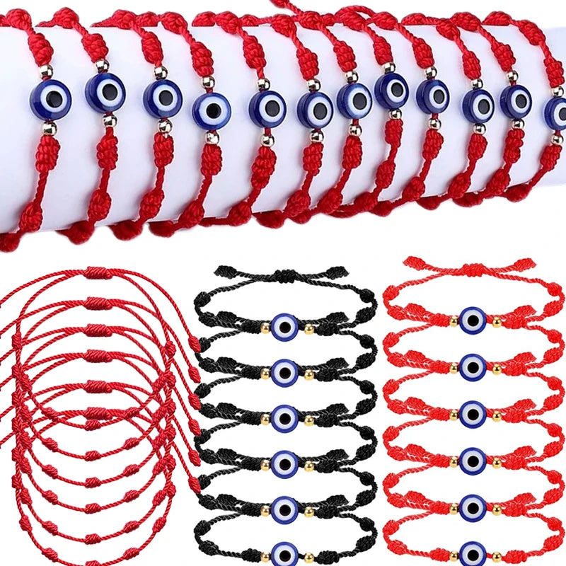 12 Pulseiras Olho Grego Vermelhas para Casal, Femininas e Masculinas, com 7 Nós da Sorte, Feitas à Mão, de Fio Trançado Ajustável, Joia de Amizade Familiar
