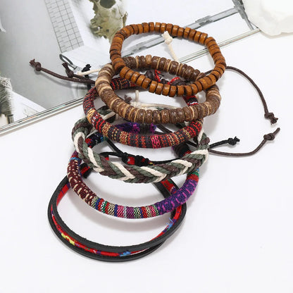 Pulseira de couro boêmio masculina, pulseira tecida à mão, pulseira de contas de madeira para homens, pulseira com pingente, joias masculinas