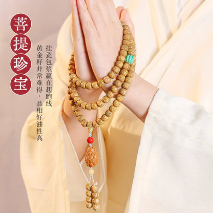 Pulseira de Contas 108 Sementes de Bodhi Douradas Naturais Envelhecidas Estrela e Lua, Contas de Oração Wenwan Mala para Homens e Mulheres, Joia para Alívio do Estresse, Presente