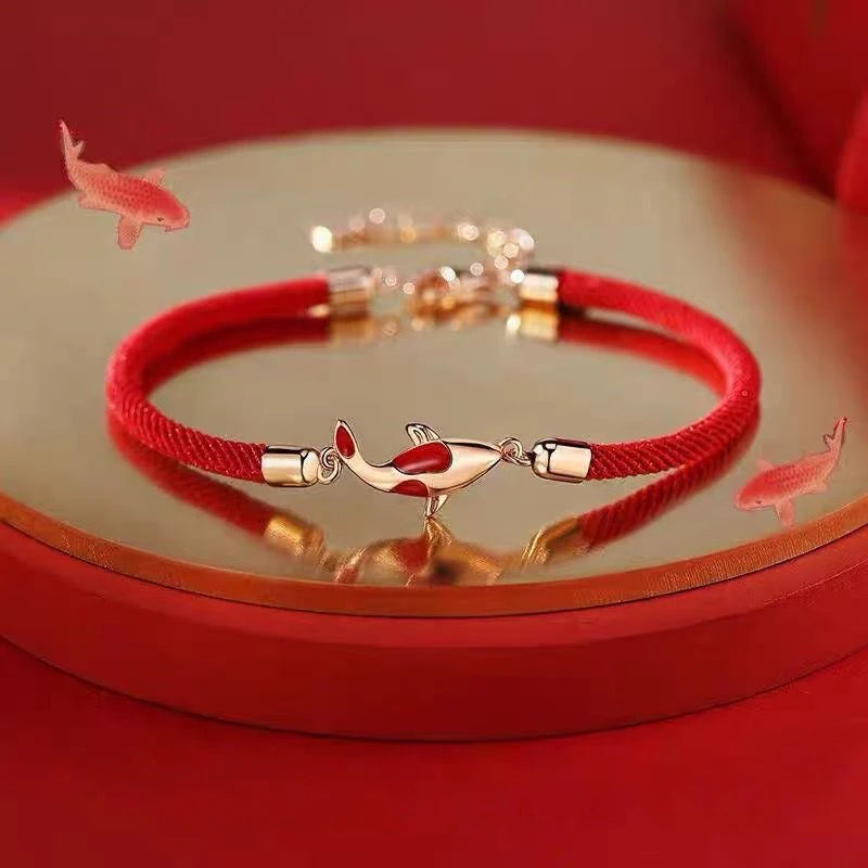 Pulseira da Sorte de Corda Trançada com Pingente Koi, Fio Vermelho, Presente de Dia dos Namorados, Presente para Casal