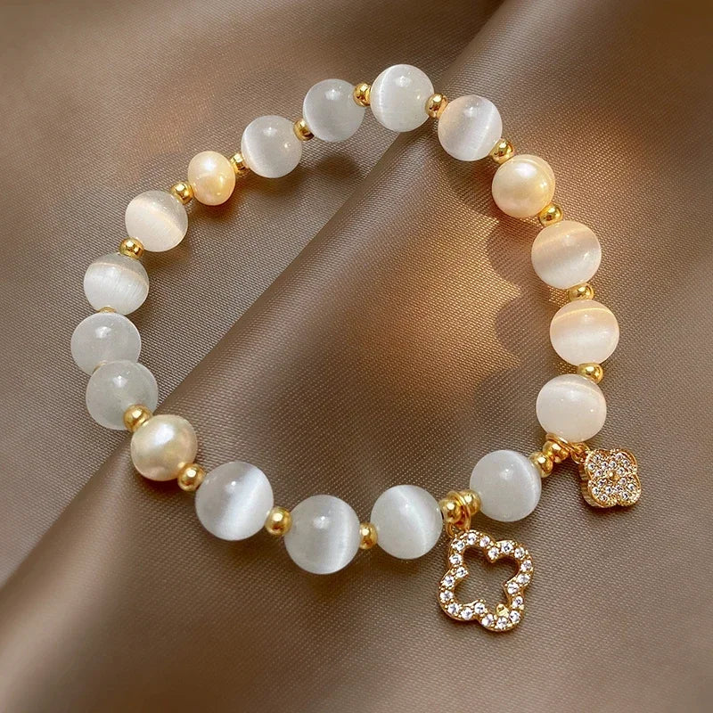 Kirykle pulseira de cristal natural para mulheres, opala branca, pedra, pérola, moda, trevo de quatro folhas da sorte, joias femininas, presente