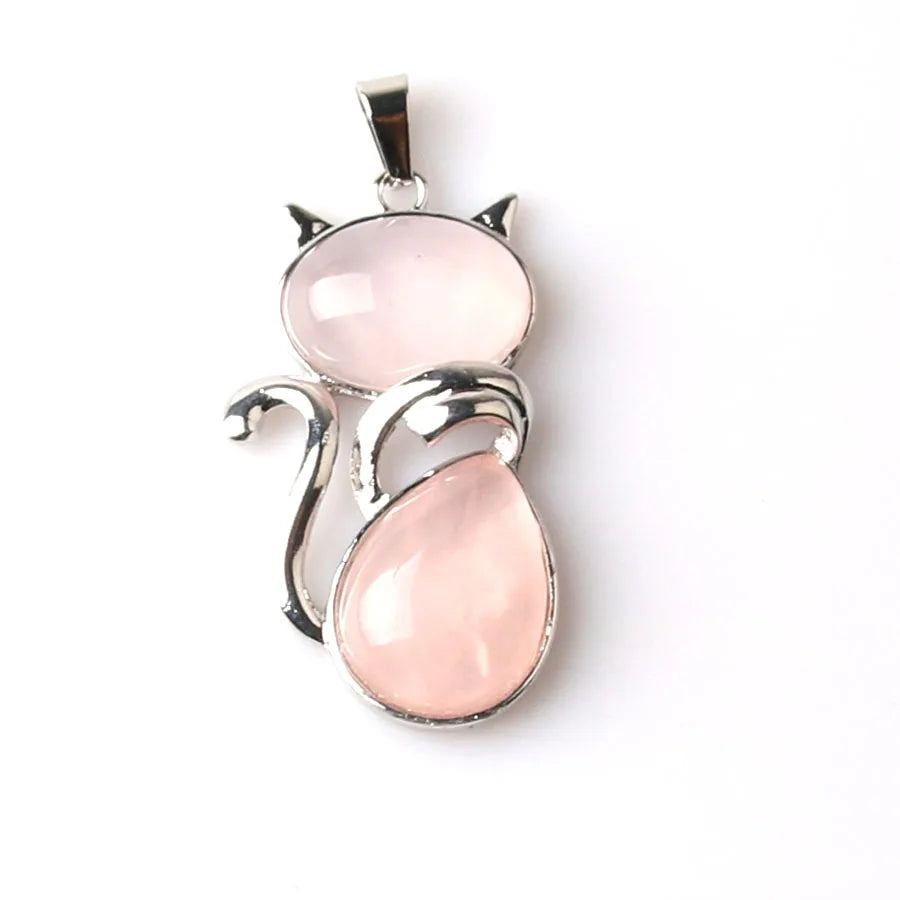 Colares de pedra natural pingentes de quartzo rosa para mulheres menina bonito forma de gato rock preto ônix contas corrente jóias