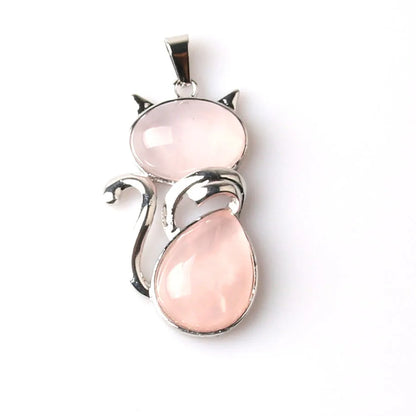 Colares de pedra natural pingentes de quartzo rosa para mulheres menina bonito forma de gato rock preto ônix contas corrente jóias
