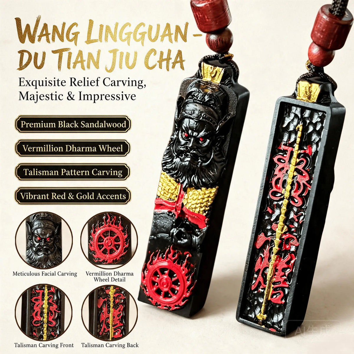Colar de cordão de madeira com pingente longo de roda do Dharma, entalhado à mão, em madeira de ébano, com o taoista chinês Wang Lingguan, amuleto de madeira auspicioso, da sorte e de bênção.