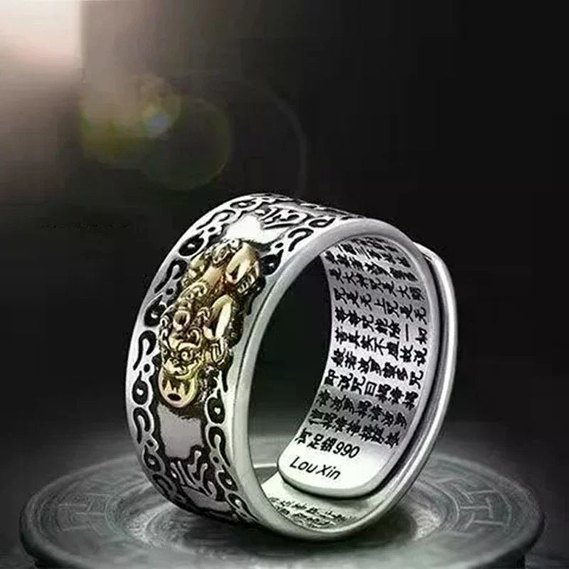 Anel Feng Shui PIXIU com Amuletos, Anel Ajustável com Escultura de Escritura para Prosperidade e Sorte, Joia para Mulheres e Homens, Presente