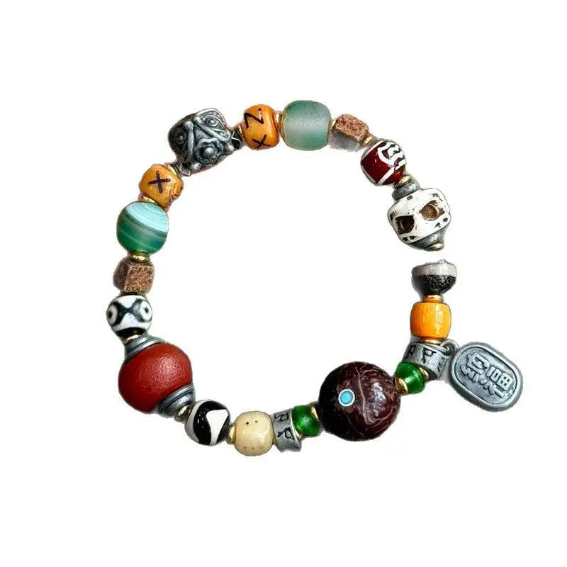 Pulseira de Bênção Estilo Tibetano Tradicional com Osso de Yak, Osso de Camelo, Conta Dzi, Turquesa, Ágata, Estrela, Lua e Bodhi - Joia da Sorte e Fortuna