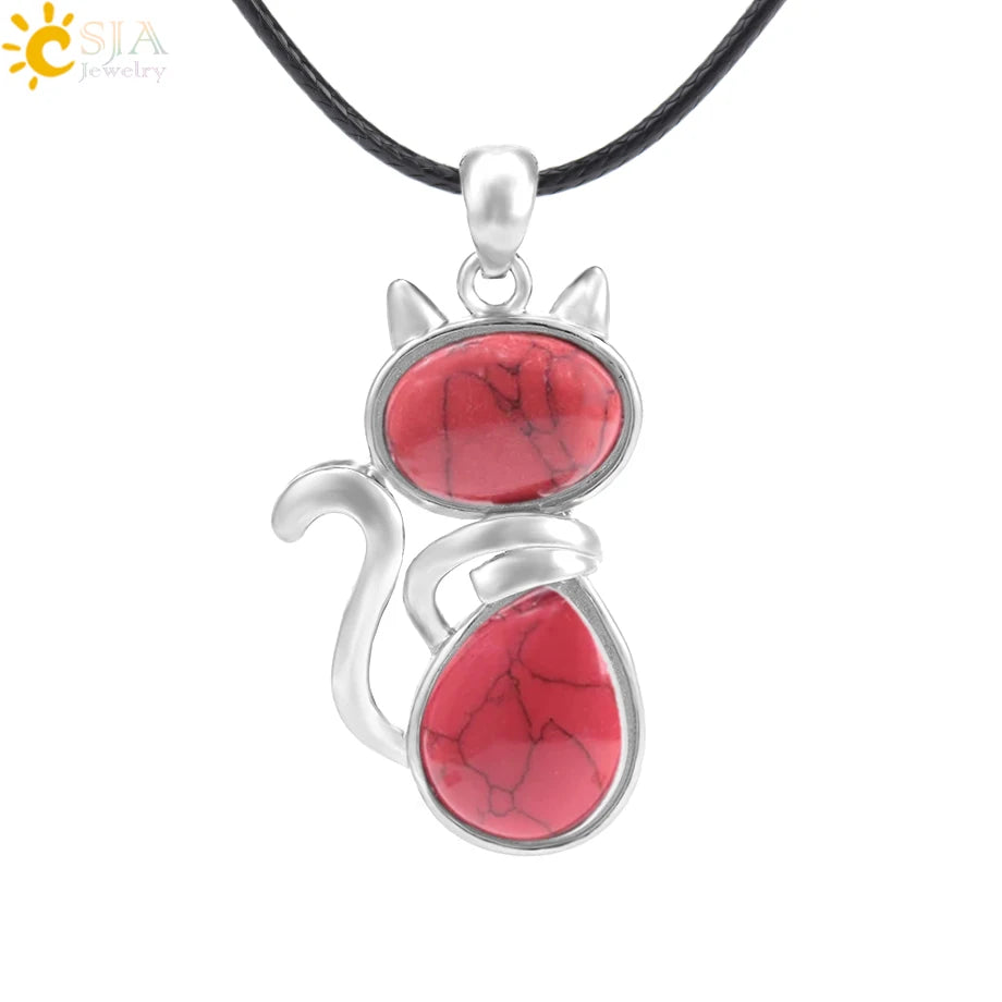 CSJA Reiki Colares de Pedra Natural Pingentes de Quartzo Rosa para Mulheres Menina Bonito Forma de Gato Rocha Preto Onyx Contas Corrente Jóias F066