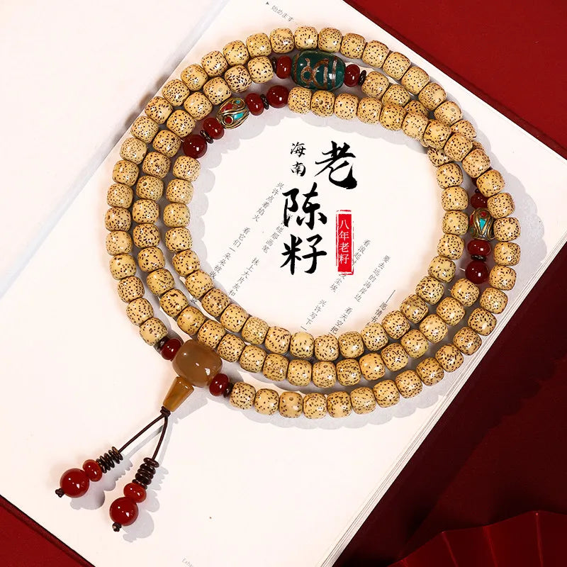 Pulseira de Contas 108 Sementes de Bodhi Douradas Naturais Envelhecidas Estrela e Lua, Contas de Oração Wenwan Mala para Homens e Mulheres, Joia para Alívio do Estresse, Presente