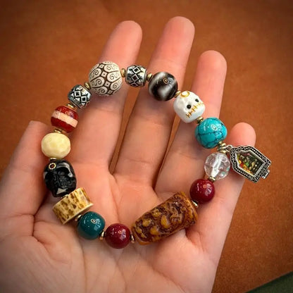 Pulseira de Bênção Estilo Tibetano Tradicional com Osso de Yak, Osso de Camelo, Conta Dzi, Turquesa, Ágata, Estrela, Lua e Bodhi - Joia da Sorte e Fortuna