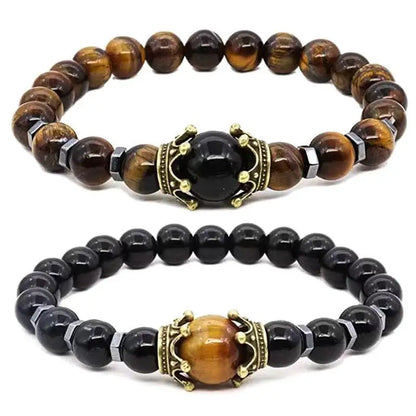 Nova Pulseira Masculina de Moda com Coroa, Contas de Pedra Natural, Olho de Tigre, Lava e Lápis Lazúli