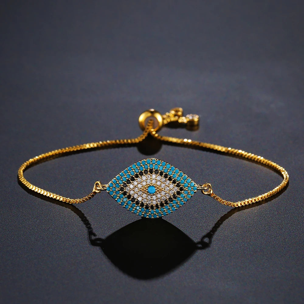 Mafisar 2026 Pulseira Olho Grego Turca Dourada da Moda Ajustável com Zircônias AAA Cravejadas Joia Feminina para Festas e Presentes