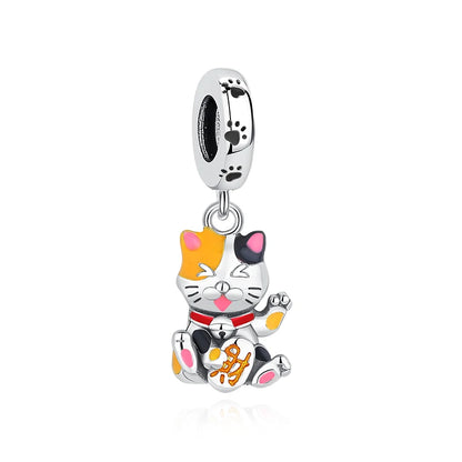 Pingentes de Prata Esterlina 925 Gato da Sorte Ano Novo Chinês Contas para Pulseiras e Colares Femininos Joias