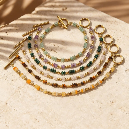 Pulseira de Corrente com Fechos OT e Contas Espaçadoras Pequenas de Pedra Natural Vnox para Mulheres, Pulseiras de Ametistas, Malaquita e Aventurina Verde