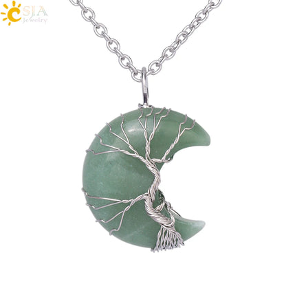 CSJA-Cristal Quartzo Rosa Natural Colar de Pingentes Mulher, Forma de Lua, Árvore da Vida, Pedra Natural, Pingentes Reiki, Jóias, G990