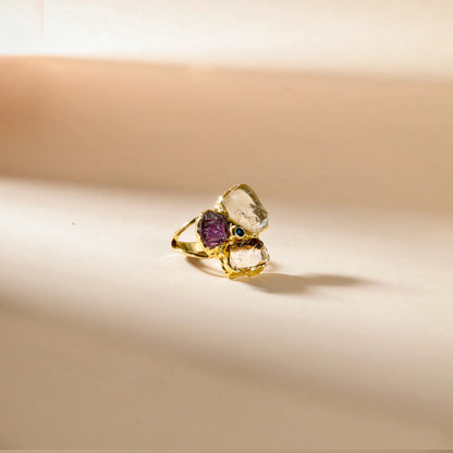 Anéis clássicos de ametista natural, quartzo branco, zircônia, pedra preciosa, joia banhada a ouro 18k, anel de dedo feminino, festa de casamento ajustável