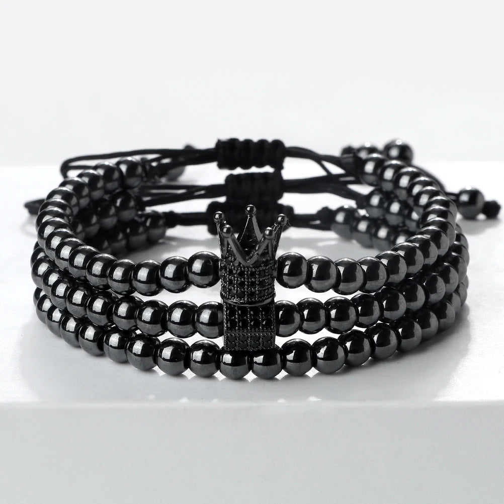 Pulseira de cobre para homens e mulheres, pingente coroa, pulseiras de casal, corrente da amizade, presente da jóia, conjunto 3 peças