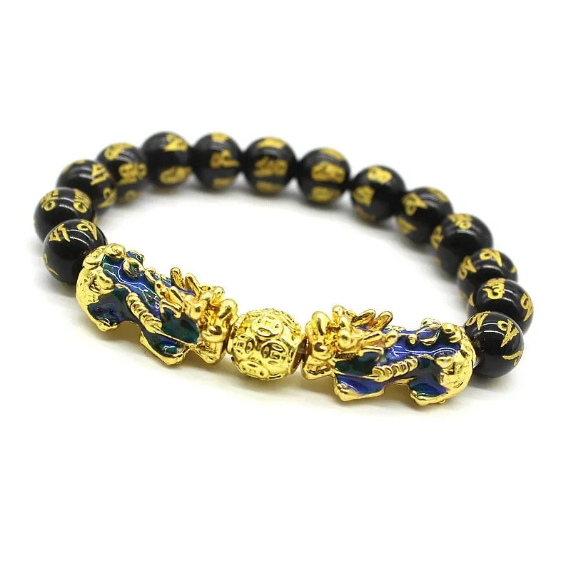 Pulseiras unissex de pedra obsidiana, pulseira chinesa fengshui dupla pixiu que muda de cor, riqueza, boa sorte, homens e mulheres