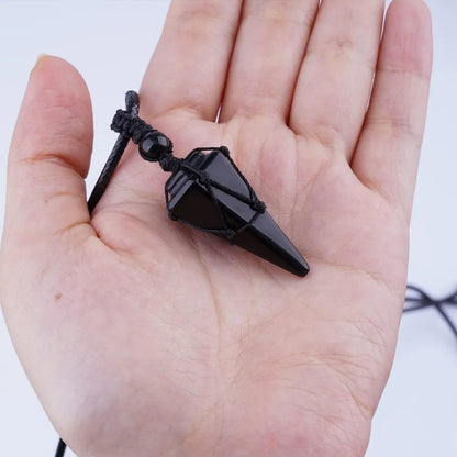 Colar com pingente em forma de cone de obsidiana e olho de tigre natural, para homens e mulheres, com cordão trançado à mão, pingente de cristal em forma de pêndulo, joia para oferecer como presente.