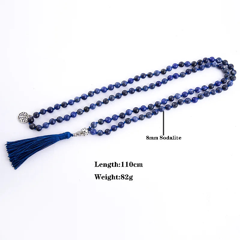 108 Mala Natural Sodalite Feito à Mão Nó Frisado Meditação Yoga Grande Cabeça de Buda Borla Colar Longo