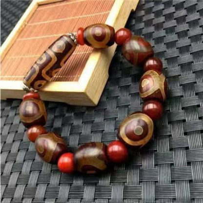 Pulseira de Contas Dzi Tibetanas de Nove e Três Olhos, Contas de Ágata Cornalina em Formato de Tambor, Unissex