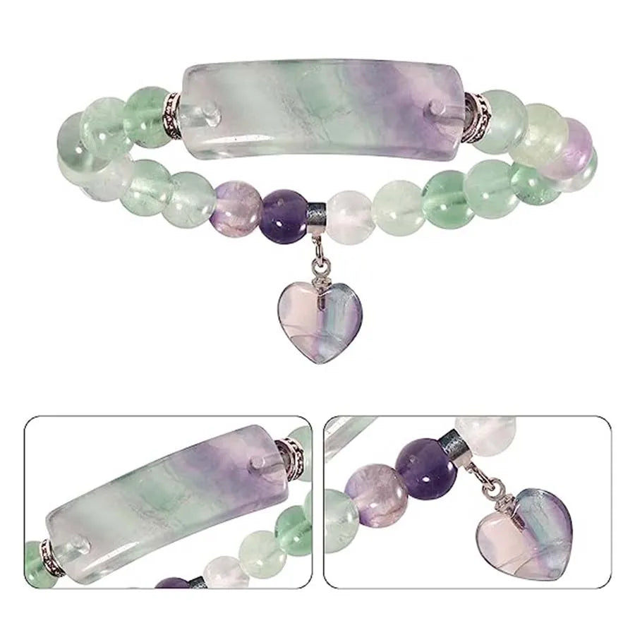 Fluorita Natural Rosa Cristal Quartzo Pulseira, Reiki Dangle, Contas Redondas, Pulseiras de Pedra, Coração do Amor, Jóias para Mulheres, Meninas, Homens