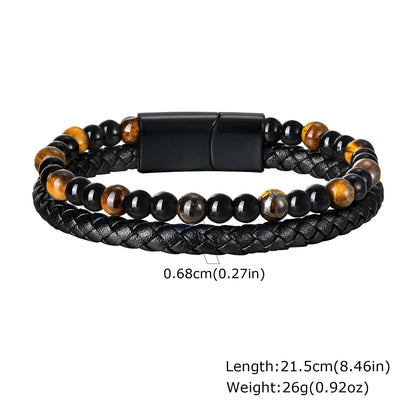 Pulseira de Couro Trançada Multicamadas Vnox para Homens, com Pérolas de Olho de Tigre e Lápis-Lazúli, Fecho Magnético, Joia Masculina Moderna para Presente