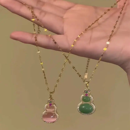 Novo Colar Pingente de Cabaça Rosa e Verde Estilo Chinês, Corrente de Clavícula de Luxo, Joia Étnica para o Pescoço