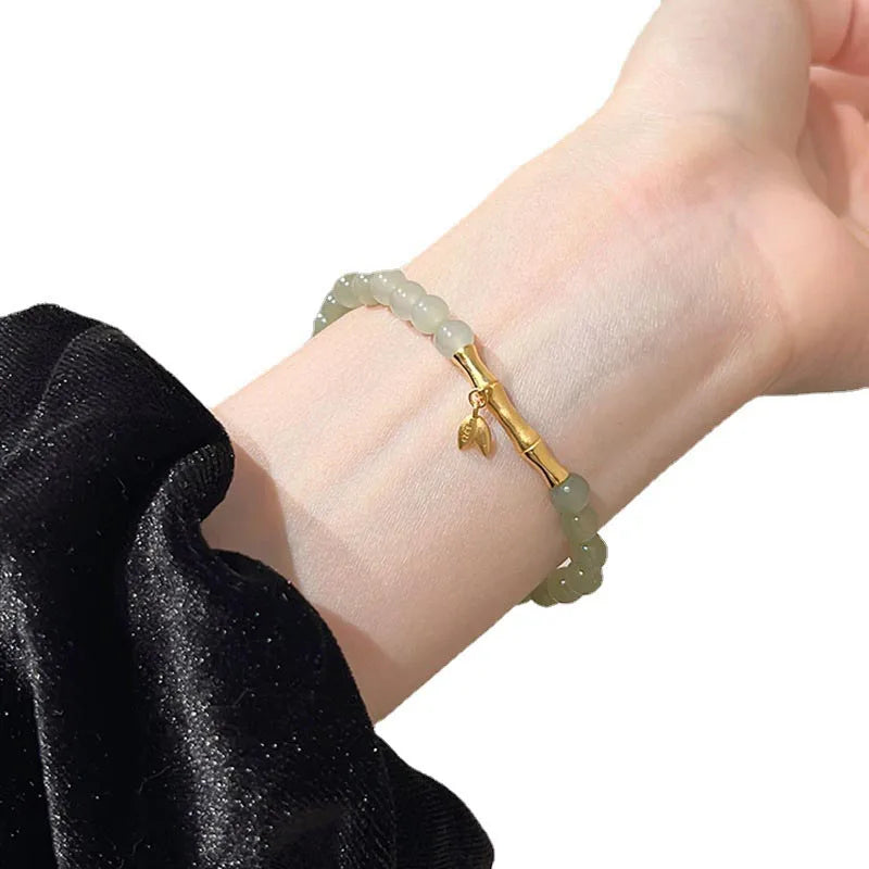Pulseira de Luxo em Jade Hetian Natural Autêntico Verde com Contas Redondas e Folha de Bambu para Mulheres com Certificado