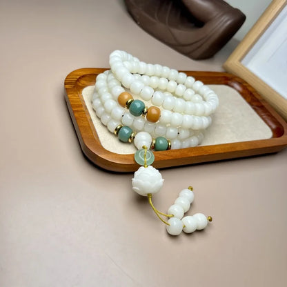 Pulseira de Jade Branco com 108 Contas Budistas, Semente de Bodhi de Lótus, Multicamadas, Cultural e Artística para Oração