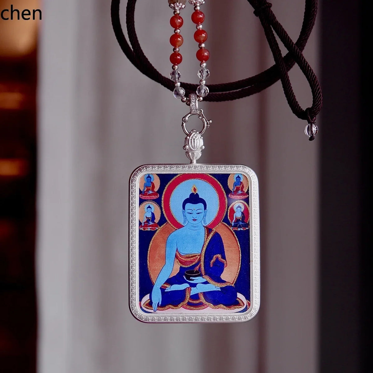Colar Buda da Medicina Thangka FX-22 em Aço Titânio com Pigmento Mineral Vegetal - Patrimônio Cultural Imaterial