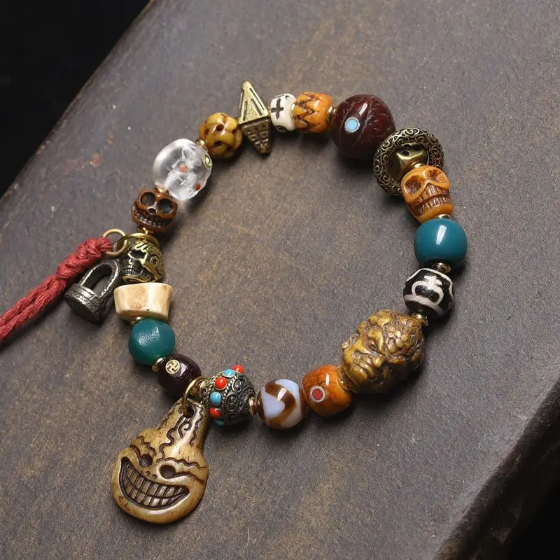 Pulseira de Bênção Estilo Tibetano Tradicional com Osso de Yak, Osso de Camelo, Conta Dzi, Turquesa, Ágata, Estrela, Lua e Bodhi - Joia da Sorte e Fortuna