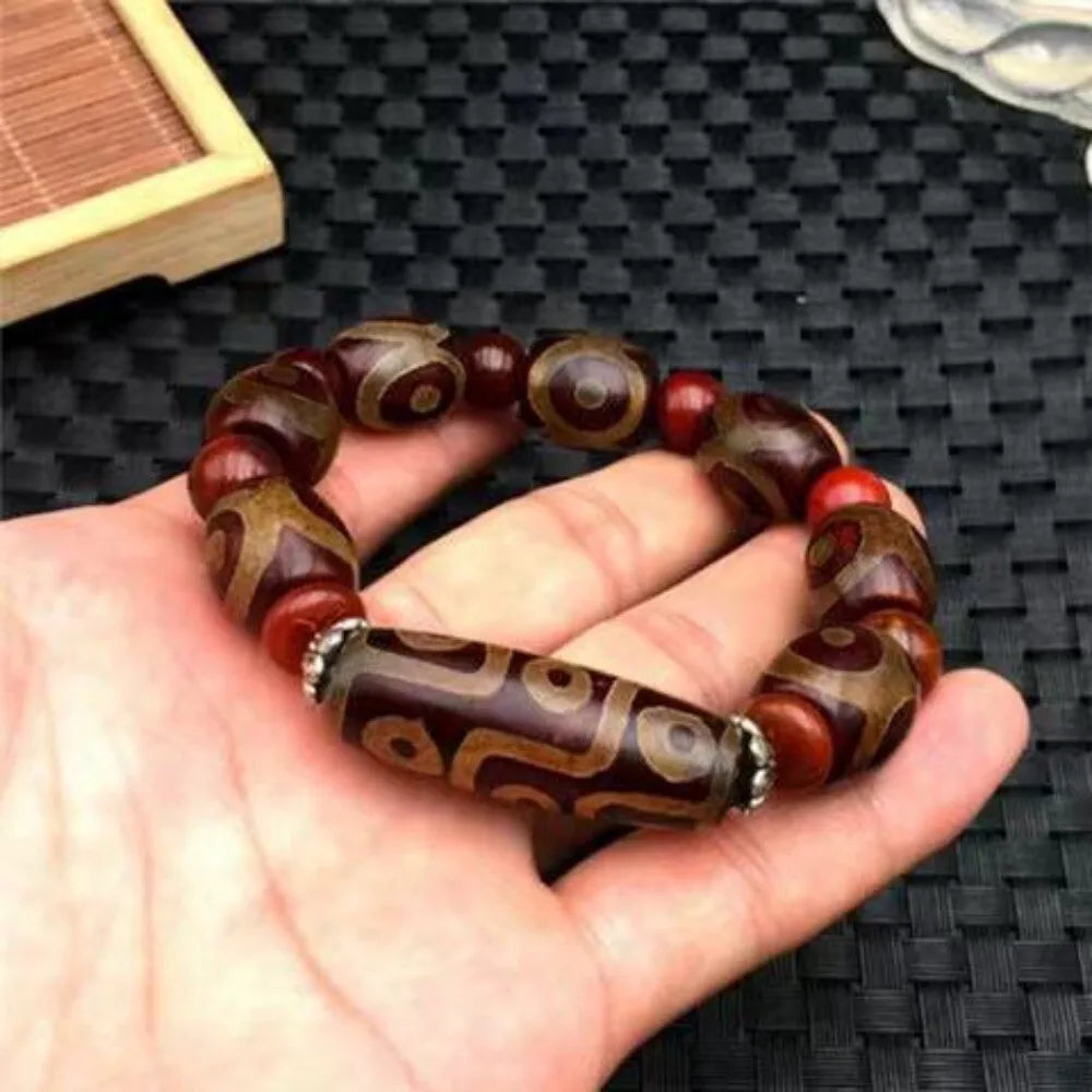 Pulseira de Contas Dzi Tibetanas de Nove e Três Olhos, Contas de Ágata Cornalina em Formato de Tambor, Unissex