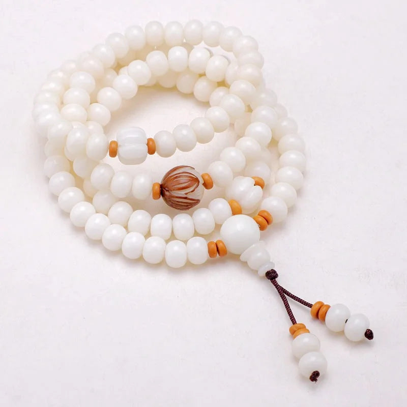 Pulseira de Raiz de Bodhi Natural com 108 Contas, Colar Budista, Contas de Bodhi de Jade Branco, Mala de Pulso Unissex com Acessórios Reais, Presentes