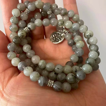 Labradorite 108 mala colar, pulseira envoltório estiramento