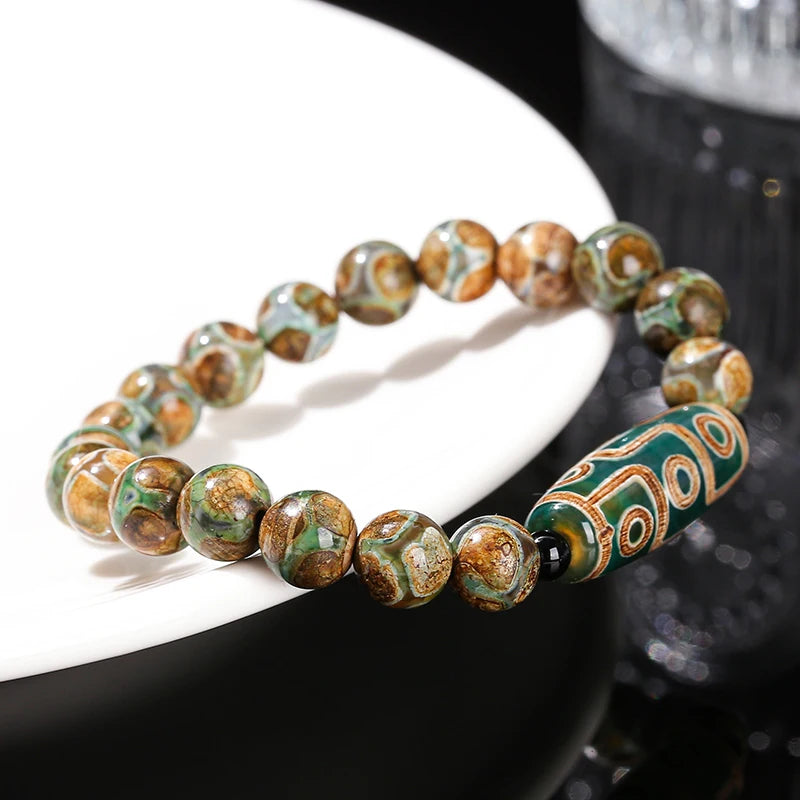 Jd natural verde nove olhos tibetano dzi ágata barril contas pulseira feminino masculino retro cura buda oração charme yoga jóias presente