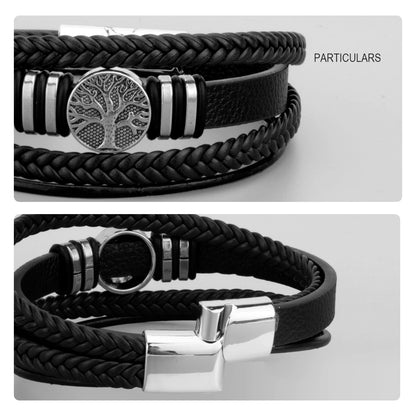 3 cores tecido couro homem pulseiras mão-tecido multi-camada pulseira para homem preto marrom corda masculino árvore pulseira punk liga de zinco