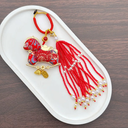 Pingente de Cabaça Auspiciosa Chinesa Artesanal com Bordado de Brocado Song e Borla de Contas, Charm para Bolsa e Enfeite para Carro, para Boa Sorte e Fortuna