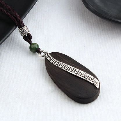 Colar longo com pingente de madeira de ébano, estilo chinês, feito à mão, com design retro, para mulheres, ideal para usar com blusas de tricô, com cordão encerado, joia de estilo étnico boho, para uso diário.