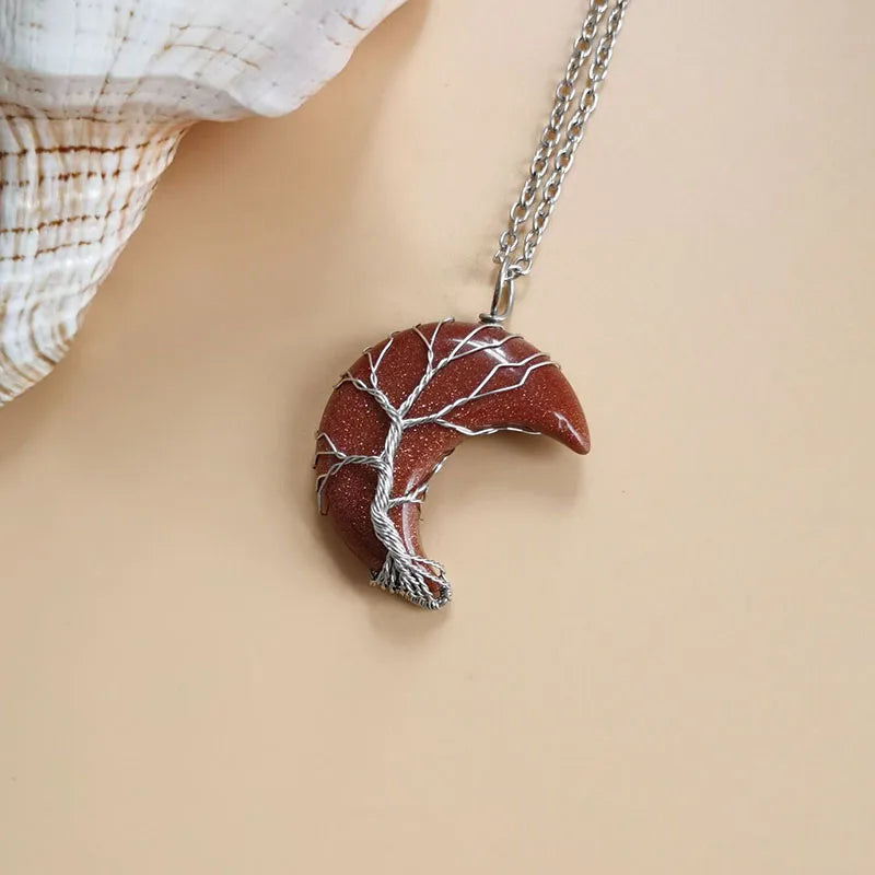 Pingente de cristal natural fio envoltório árvore da vida grande lua crescente pedra mineral pêndulo ametista quartzo colar para presente feminino