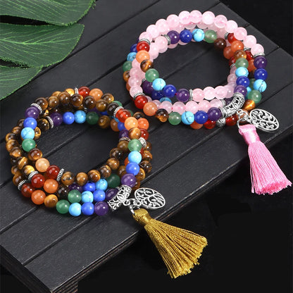 Pulseira de pedra preciosa natural, quartzo rosa, olho de tigre, 108 mala, contas de oração, envoltório de cura, 7 chakras, joias de meditação e662