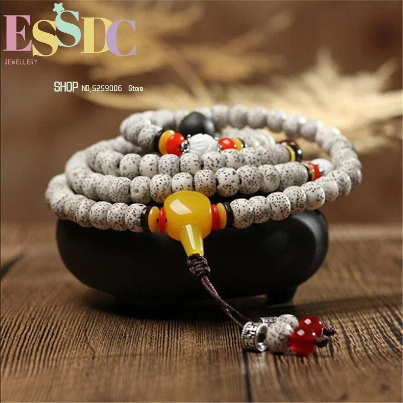 Pulseiras de Contas de Oração de 108 Contas de Semente Bodhi Estrela da Lua Branca Natural de Hainan e Pedra Olho de Tigre de Alta Densidade para Amantes da Moda