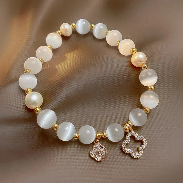 Kirykle pulseira de cristal natural para mulheres, opala branca, pedra, pérola, moda, trevo de quatro folhas da sorte, joias femininas, presente