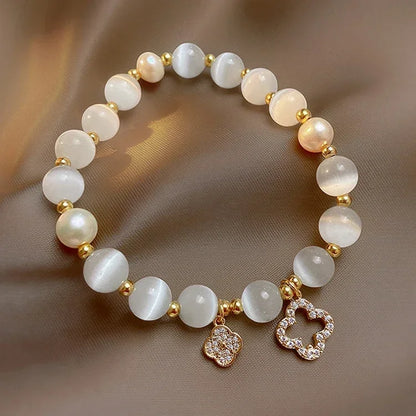 Kirykle pulseira de cristal natural para mulheres, opala branca, pedra, pérola, moda, trevo de quatro folhas da sorte, joias femininas, presente