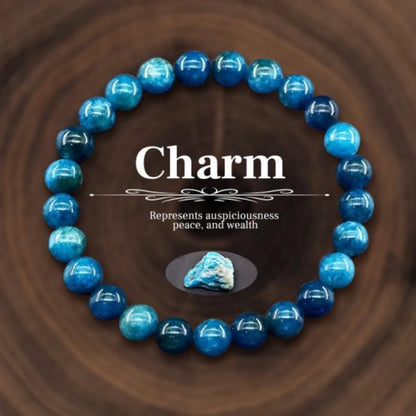 Pulsera Azul Interior: Cuentas de Piedra. Diseño y acabado de la pieza mostrada.